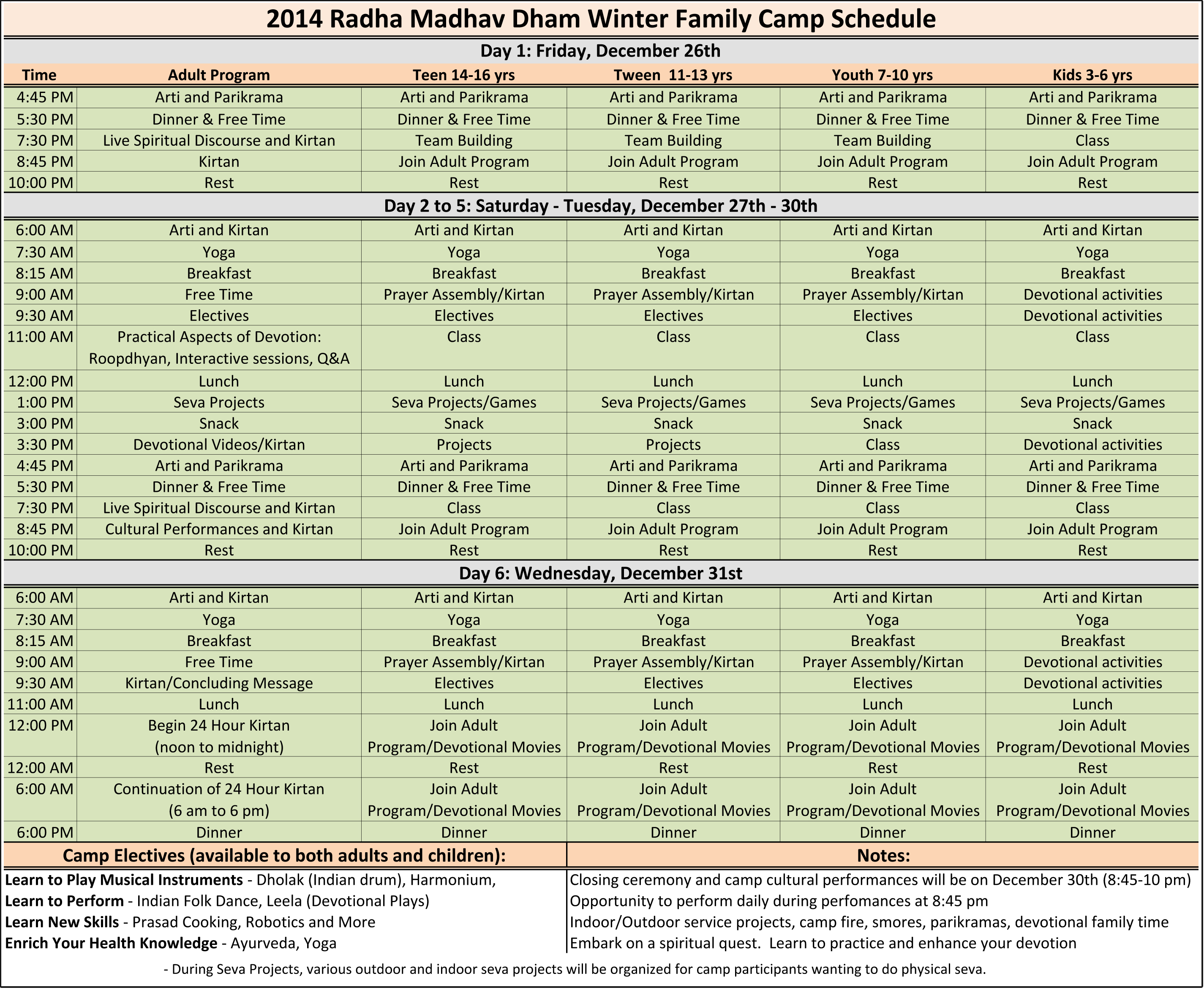2014 Winter Hindu Family Camp Schedule
